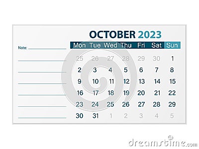 Calendar October 2023 Vector Illustration