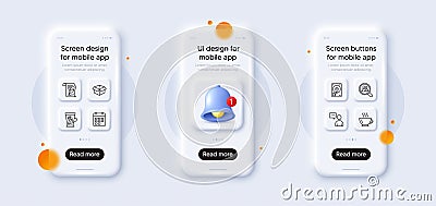 Calendar, Opened box and Feather line icons pack. For web app. 3d phone mockups. Vector Vector Illustration