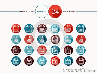 Calendar outline flat icons set Vector Illustration