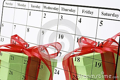 Calendar Page and Gift Boxes Stock Photo