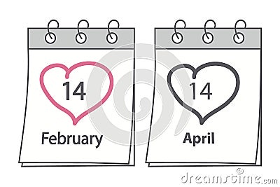 2 calendar pages with date 14 February Valentines Day and 14 April the Black Day. Greetings concept Vector Illustration