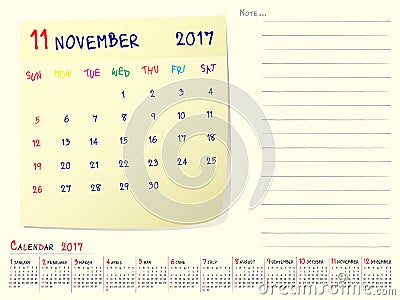 Calendar paper note November 2017 Vector Illustration