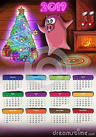 Calendar with pig Chenese New Year 2019 Stock Photo