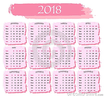 Calendar for 2018 in pink color on a white background Vector Illustration