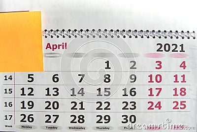 Calendar planner for April 2021, WITH STICKER FOR NOTES, tax time. Tax payment deadline Stock Photo