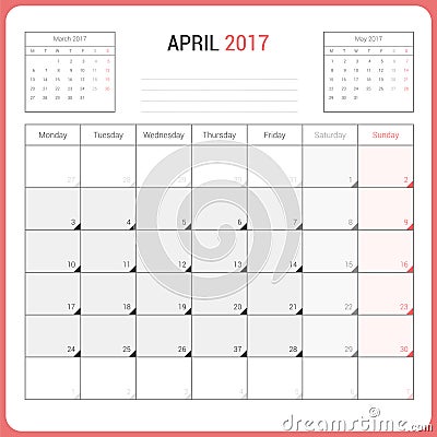 Calendar Planner for April 2017 Vector Design Template Stationary. Vector Illustration