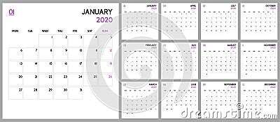 Calendar planner 2020, base template design. Week Starts on Monday Vector Illustration