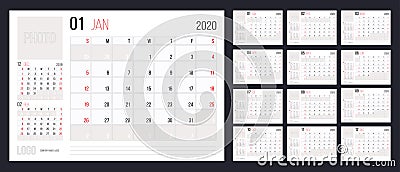 Calendar 2020 planner corporate template design annual set Vector Illustration