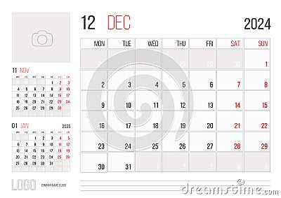 Calendar 2024 planner corporate template design - December month Stock Photo
