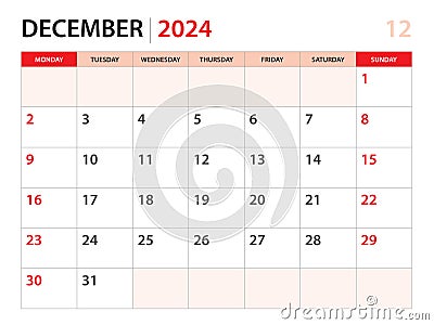 Calendar planner 2024 - December 2024 template, week start on Monday, Desk calendar 2024 year, simple and clean design, Wall Vector Illustration