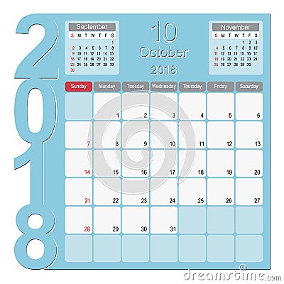 October 2018 Calendar Planner Design Vector Illustration