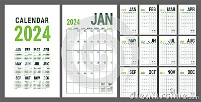 Calendar planner 2024. English calender green template. Vector grid. Office business planning. Creative trendy design Vector Illustration