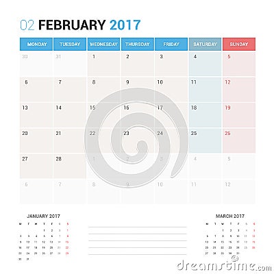 Calendar Planner for February 2017 Vector Design Template Stationary. Vector Illustration