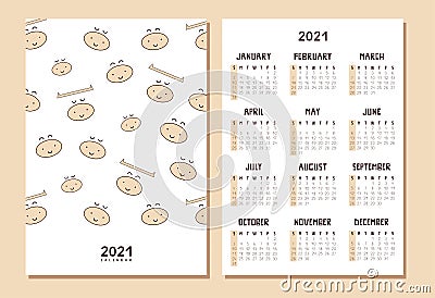 Calendar, planner A4 format for 2021 with a cute kawaii white ox. Symbol of chinese New Year. Smiling bull, cow. Week Vector Illustration