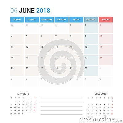 Calendar Planner for June 2018 Vector Design Template Stationary. Vector Illustration