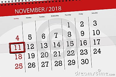 Calendar planner for the month, deadline day of the week 2018 november, 11, Sunday Stock Photo