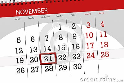 Calendar planner for the month, deadline day of the week 2018 november, 21, Wednesday Stock Photo