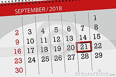 Calendar planner for the month, deadline day of the week, 2018 september, 21, Friday Stock Photo