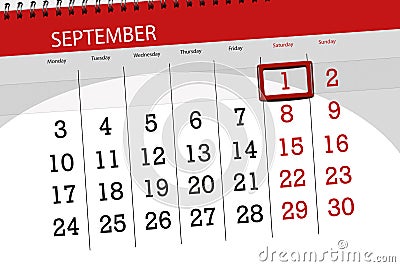 Calendar planner for the month, deadline day of the week, 2018 september, 1, Saturday Stock Photo