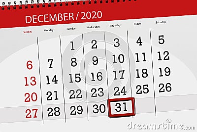 Calendar planner for the month december 2020, deadline day, 31, thursday Stock Photo