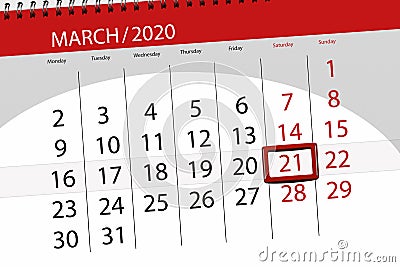 Calendar planner for the month march 2020, deadline day, 21, saturday Stock Photo