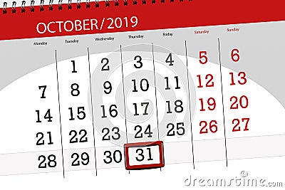 Calendar planner for the month october 2019, deadline day, 31, thursday Stock Photo