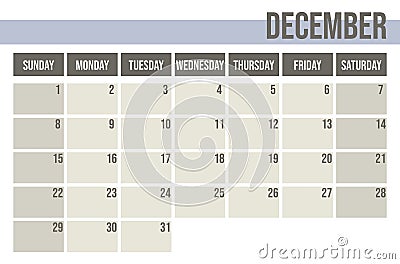 Calendar planner 2019. Monthly planner. December. Vector Illustration