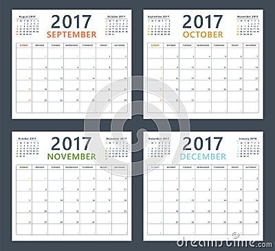 Calendar planner 2017 on september, october, november and december, week starts sunday Vector Illustration