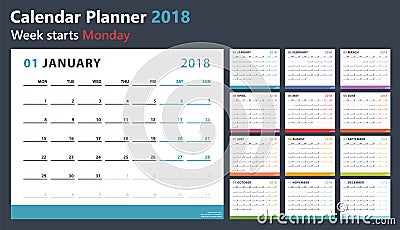 Calendar planner for 2018 starts monday, vector calendar design 2018 year Vector Illustration