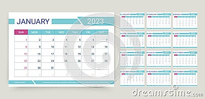 2023 calendar. Planner template. Vector illustration. Monthly grid of calender Vector Illustration