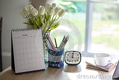 2021 Calendar for Planner to manage and plan daily agenda, appointment, and timetable for a job. Calender, flower, pencil, coffee Stock Photo