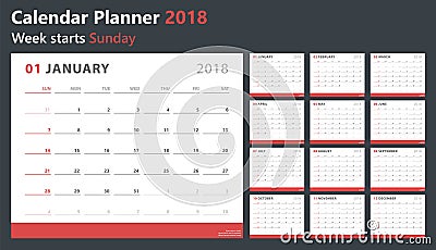 Calendar planner 2018, week starts sunday, vector design template Vector Illustration