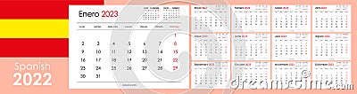 Calendar and planner for 2023 year. Week starts on Monday. 12 boards, months set. Simple wall layout. Clear template. Spanish. Vector Illustration