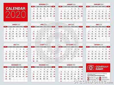 2020 calendar planning. English planner. Vector Illustration