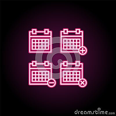 Calendar, plus, minus, delete sign neon icon. Simple thin line, outline vector of web icons for ui and ux, website or mobile Stock Photo