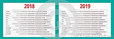 2018 and 2019 calendar. Print Template. Portrait Orientation. Set of 12 Months. Planner for 2018 and 2019 Year. Vector Illustration