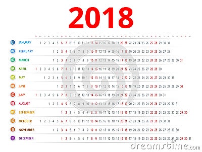 2018 calendar. Print Template. Week Starts Sunday. Portrait Orientation. Set of 12 Months. Planner for 2018 Year. Vector Illustration