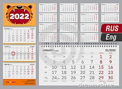 Calendar quarter for 2022. Year of the tiger. Wall calendar in English and Russian Vector Illustration