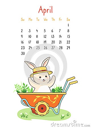 Calendar 2023 with rabbit page april planner organizer bunny garden rustic cart hare wheelbarrow Vector Illustration