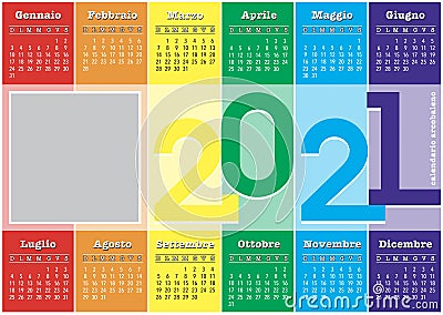 Rainbow calendar 2021, with coloured vertical stripes, italian language Vector Illustration