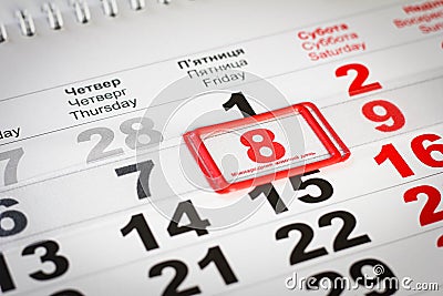 Calendar with red mark on 8 March. mothers Day Stock Photo