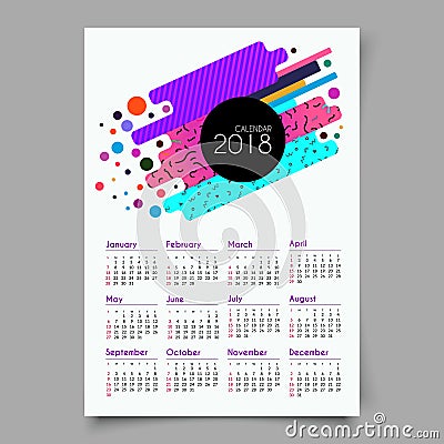 Calendar 2018. Retro vintage 80s or 90s fashion style. Memphis cards. Trendy geometric elements. Trendy colors. Eps 10 Vector Illustration