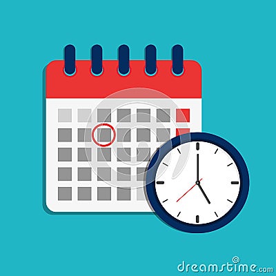 Calendar schedule and clock icon. Time appointment, reminder date concept. Flat organizer, timesheet, time management with alarm Vector Illustration