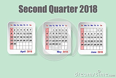 Calendar for second quarter of 2018 year Vector Illustration