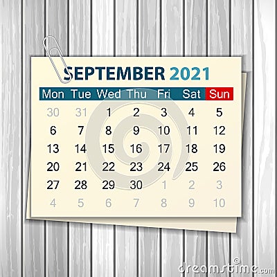 Calendar September 2021 on wood Vector Illustration