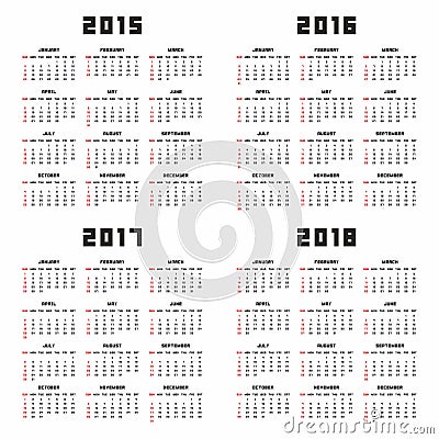 Calendar 2015 2016 2017 2018 Vector Illustration