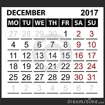 Calendar sheet December 2017 Vector Illustration