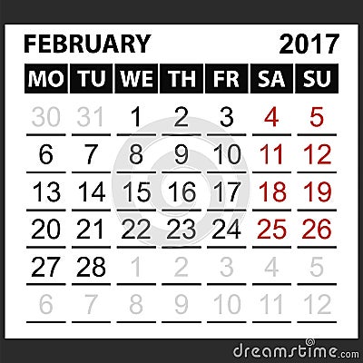 Calendar sheet February 2017 Vector Illustration
