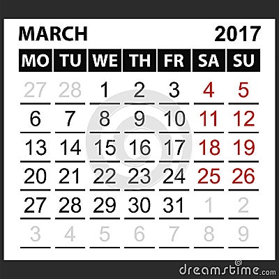 Calendar sheet March 2017 Vector Illustration
