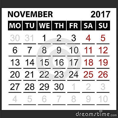 Calendar sheet November 2017 Vector Illustration